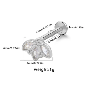 Detail view of silver labret stud showing 1.2mm gauge and marquise zircon dimensions