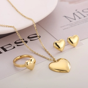 Heart Shaped Jewelry Necklace Earrings And Ring Stainless Steel Polished 18K Gold Plated Fashion Elegant For Women