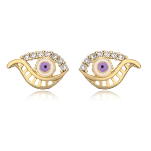 Detailed macro view of 18K gold plated purple devil eye stud earrings with cubic zirconia