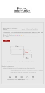 Detailed chart of 100% mulberry silk sun sleeves with size specs and washing care