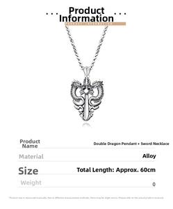 Detailed view of silver double dragon and sword pendant necklace with 60cm alloy chain