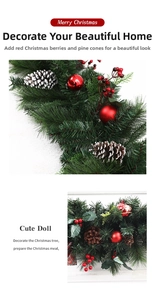 Detail of Christmas garland with pine needles, red ornaments, berries and pine cones