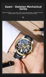 Detail showing skeleton mechanical watch with leather strap and visible gold gear structure
