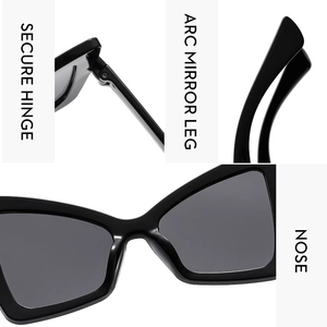 Detail view of butterfly sunglasses showing secure hinges and curved mirror legs
