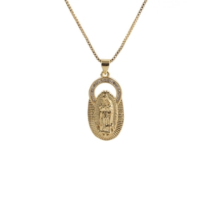 Detailed close-up of a gold-plated Virgin Mary pendant necklace with sparkling zircons
