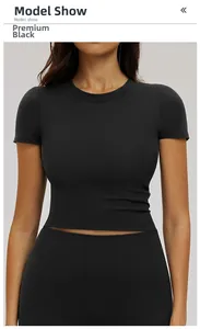 Front close-up of premium black short yoga top with slim fit and round neckline