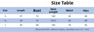Size chart showing crop top and maxi skirt measurements in centimeters for women