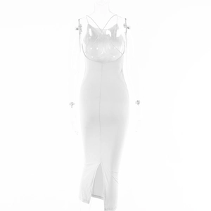 Rear view of white backless maxi dress with thin straps and sexy high side slit