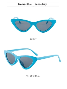 Front and side view of trendy blue cat eye sunglasses with sleek gray lenses