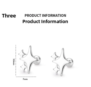 Detail view of silver four-pointed star stud earrings with screw back closure