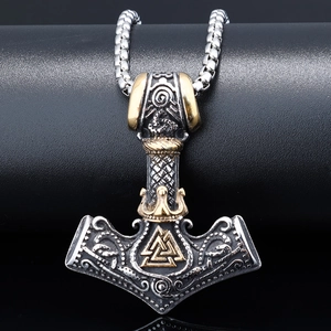Vintage stainless steel Mjolnir necklace with golden Valknut symbol on box chain