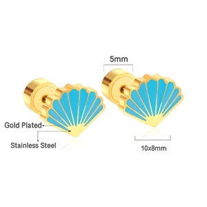 Detailed view of gold-plated stainless steel shell stud earrings in sky blue and gold