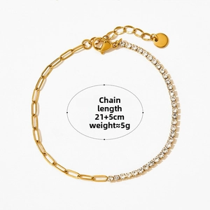 Detail of paperclip and tennis chain anklet with zircon inlay and golden finish