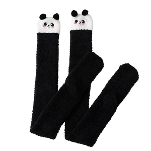 Warm coral fleece over-knee socks with cute panda pattern on a white background