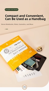 Detail of small yellow waterproof shopping bag with black text and daily essentials