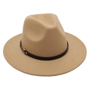Detail of light brown wool fedora with a black leather band and gold metal buckle trim