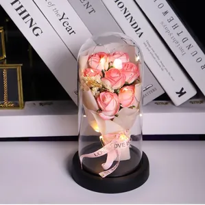 Detail of pink roses in glass dome with LED lights on a black base for gift giving