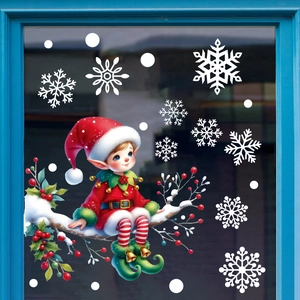 Christmas window static stickers featuring cute elves snowflakes and red berry branches