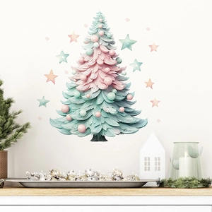 Christmas Wall Stickers Removable PVC Self Adhesive Watercolor Snowman Christmas Tree Merry Christmas Lettering Home Decor