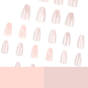 Elegant pink short ballerina press-on nails with 3D bow and pearl decorative details