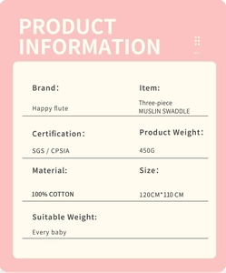 Detailed product specifications for 100% cotton muslin swaddle blankets showing size and weight