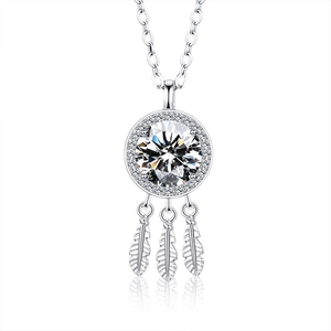 925 Sterling Silver Dreamcatcher Necklace with Moissanite and three feather pendants