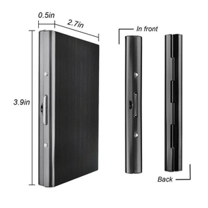 Detailed multi-angle views of a brushed metal business card holder with dimensions