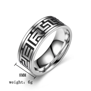 Mens stainless steel ring with classic Greek key pattern carving and 8mm width