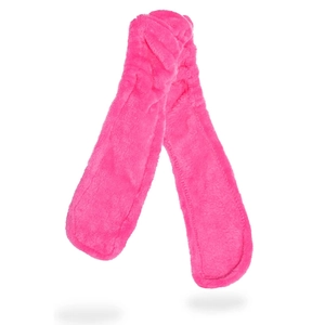 Long pink heatless hair curler for soft waves made of plush velvet fabric on white background