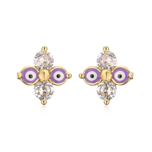 Exquisite gold-plated evil eye stud earrings with purple enamel and zircon accents