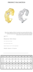 Detailed size chart for S925 sterling silver irregular texture rings in various sizes
