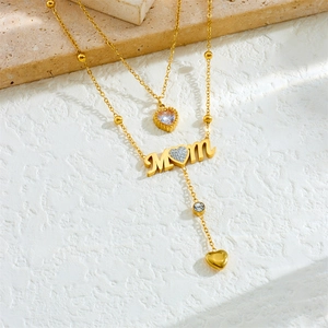 Golden double-layer stainless steel MOM heart pendant necklace with zircon accents