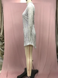 Vista de detalle de vestido corto plateado con lentejuelas, flecos y cuello alto