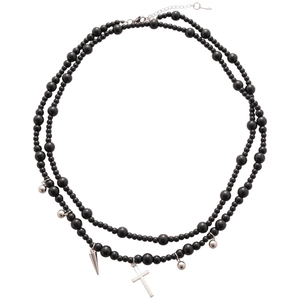 Y2K gothic double layer black beaded necklace with silver cross and spike pendants