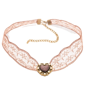 French vintage lace choker necklace with gold heart pendant and faux pearl detailing