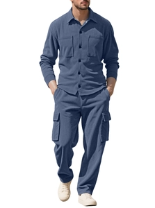 Detailed view of blue corduroy texture on men's shirt and cargo pants workwear set