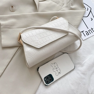 Chic white crocodile pattern baguette shoulder bag with gold hardware and a long strap
