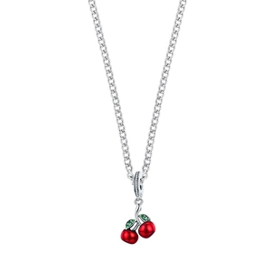 Elegant red cherry pendant necklace with silver chain and green crystal leaves