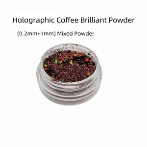 Macro shot of 0.2mm and 1mm mixed brown laser holographic nail glitter powder in a jar