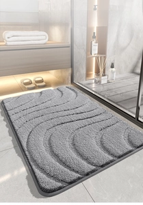 Absorbent grey bathroom mat with 3D wave texture and soft high-low pile microfiber fabric