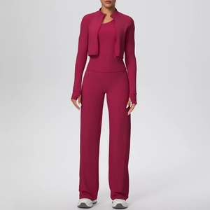 Detailed view of dark rose red 3-piece yoga set with zip jacket and wide leg pants