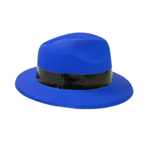 Close-up of royal blue party fedora with shiny black ribbon band for festive costume