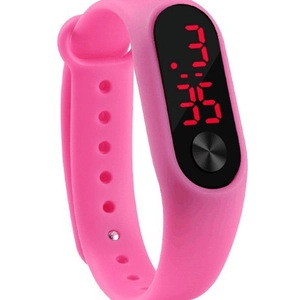 Pink silicone LED digital sports watch with black oval screen and red time display