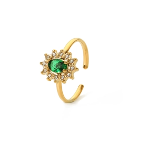 Adjustable gold stainless steel ring with oval green emerald zircon in sunflower design