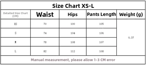 Size chart for women's two-piece set including waist measurements from XS to L in CM