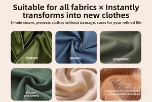 Detail showing 5-hole steam output compatibility for velvet, wool, and cotton fabrics