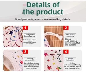 Detail view of cotton linen drawstring bags featuring colorful star prints and fine sewing