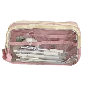 Pink and beige large capacity minimalist nylon pencil case with transparent window