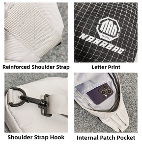 Detail of gray waterproof chest bag with reinforced straps and internal phone pocket