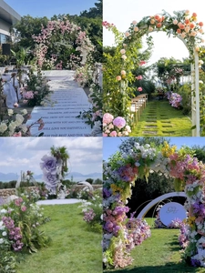 Detailed views of faux pompon mum floral arrangements for outdoor wedding arch decoration